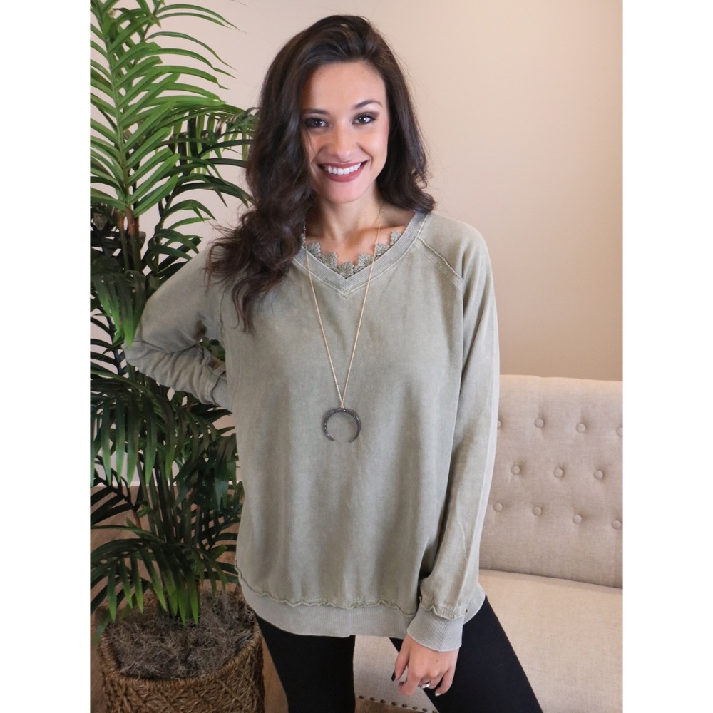 Olive pullover with lace neckline